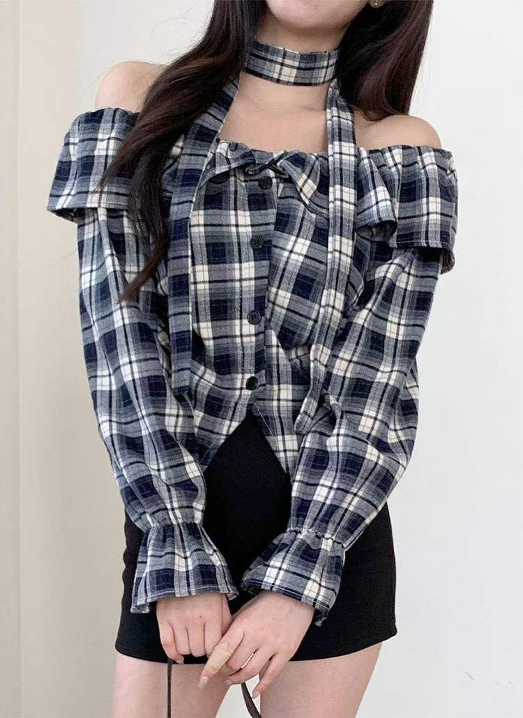 現貨售完不補ෆ🏷ʏᴜɴᴀ’s ·正韓代購🇰🇷夜幕呢香🪞格紋一字領襯衫+脖圍