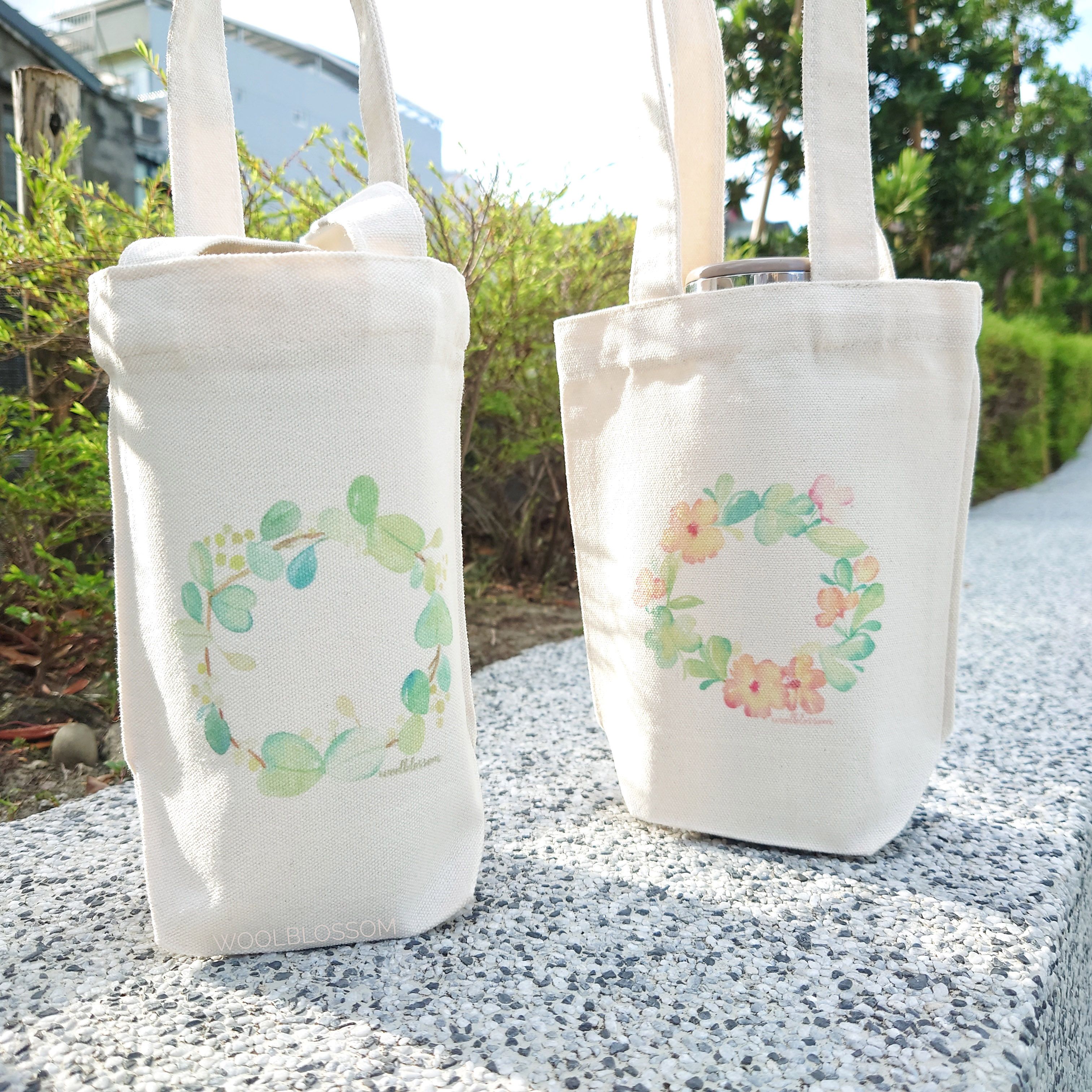 水彩花圈帆布飲料提袋