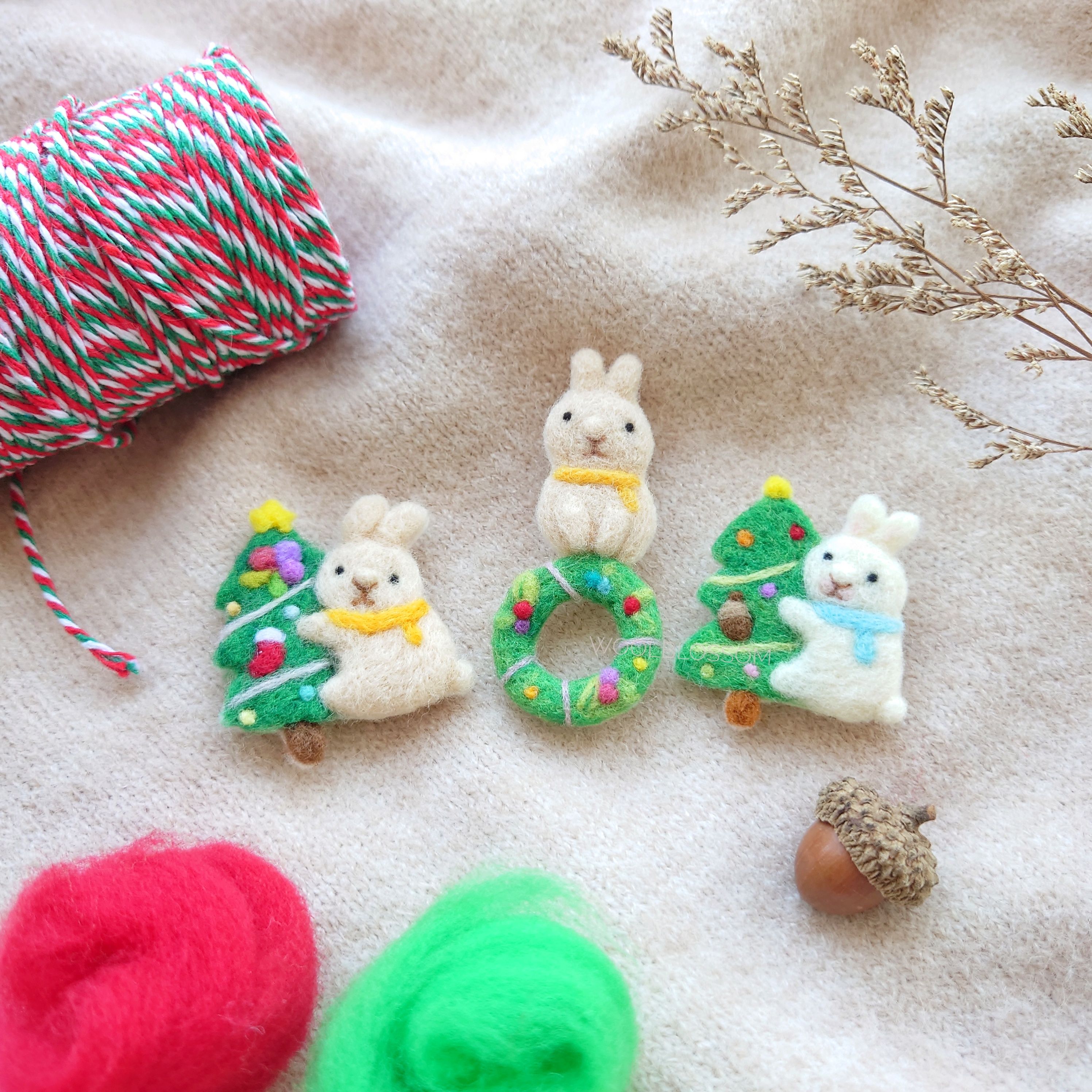 羊毛氈聖誕兔兔別針/吊飾