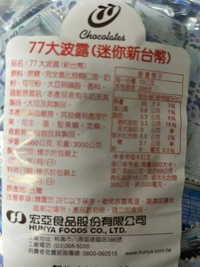 1000元新台幣迷你波露巧克力、巧菲斯牛奶、迷你乳加巧克力、新貴派白巧克力、新貴派花生