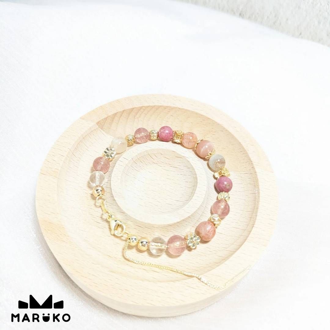 草莓薔薇可調節手鍊｜水晶手鏈｜白水晶 | 草莓石｜薔薇石｜阿魯沙｜太陽石｜手作【MARUKO丸玩手作】