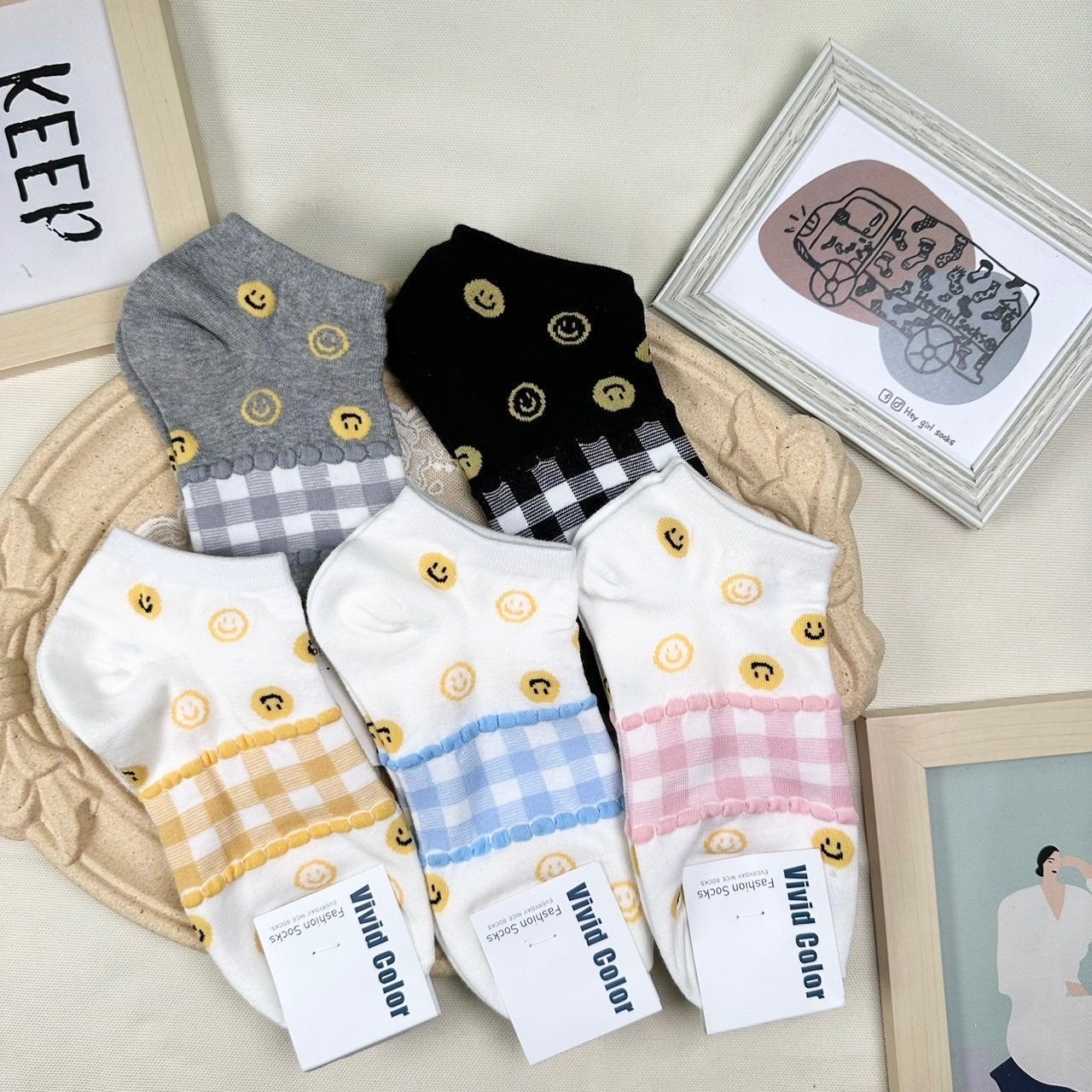 微笑踝襪 短襪 笑臉 格紋微笑 韓襪 襪襪 襪車 韓國襪子 襪子車車 Heygirlsocks 襪子車