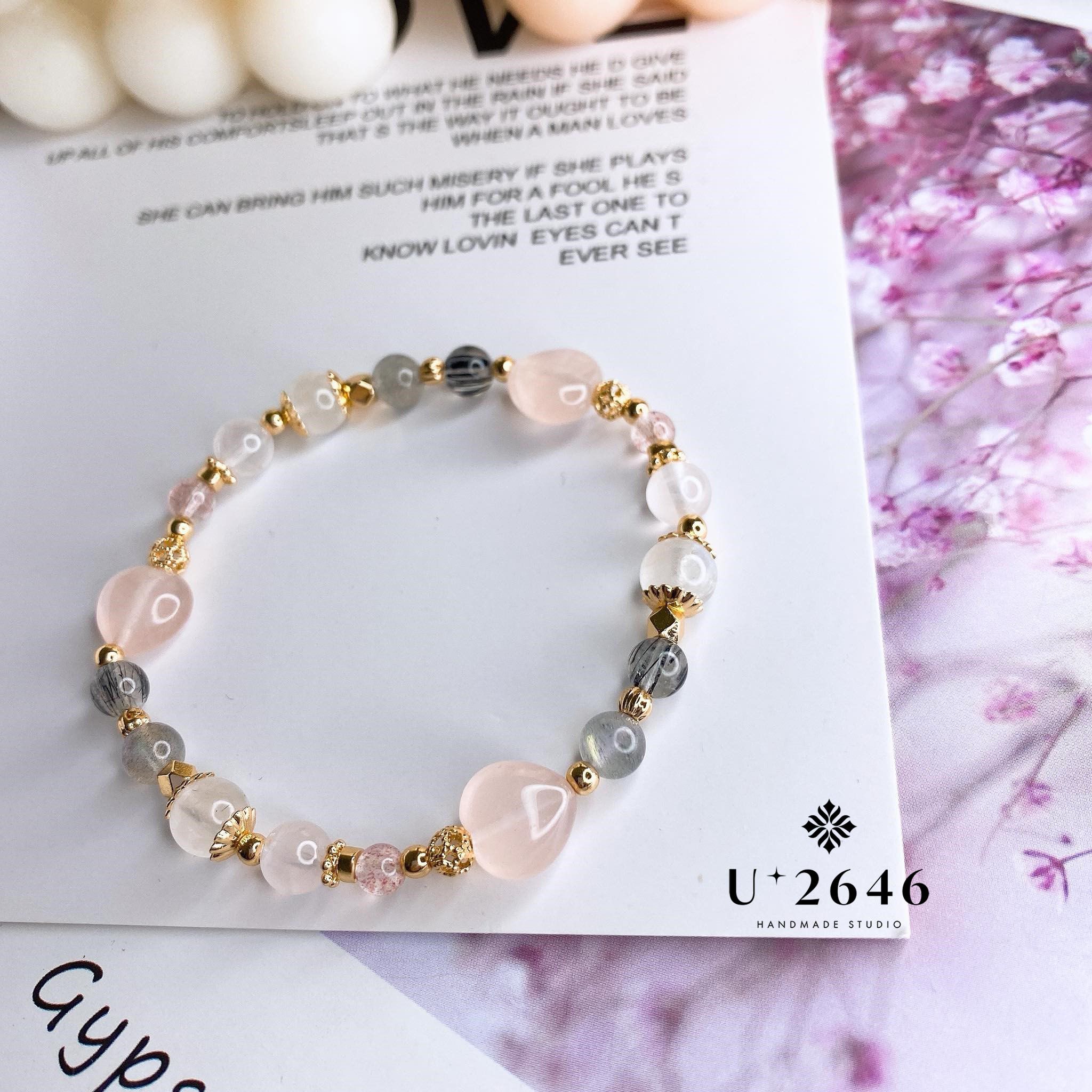 粉漾 果凍粉晶 黑髮晶 灰月光 草莓晶  水晶天然石彈性設計手鍊🌟U+2646