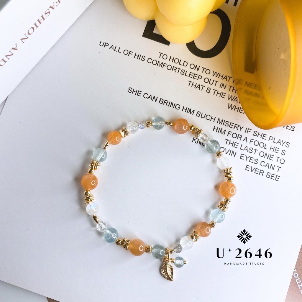 仲夏聽雨 橙月光石 太陽石 海藍寶 拉長石 白水晶天然石設計彈性手鍊手環🌟U+2646