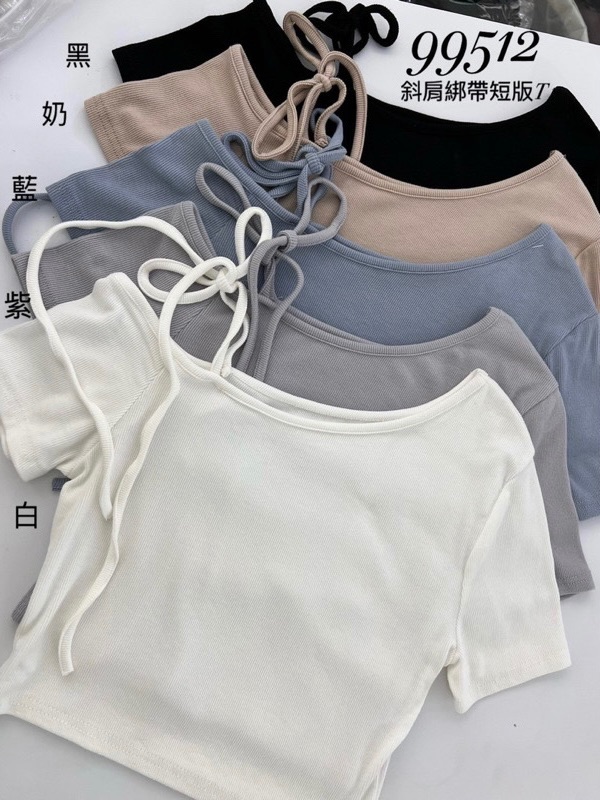 斜肩綁帶短T