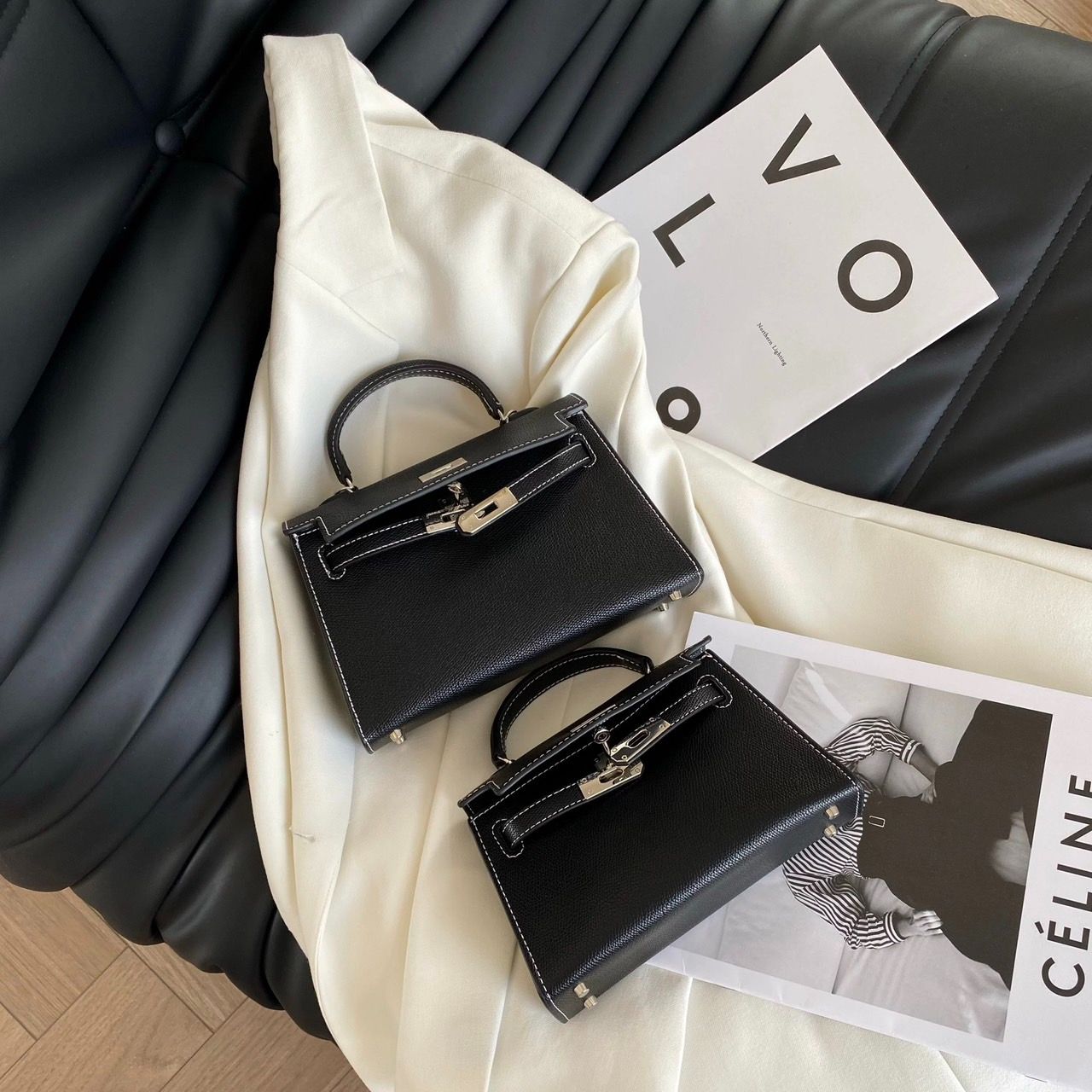 ❷款尺寸✨銀釦凱莉包✨時尚女包/手提包/側背包/肩背包/單肩包/斜背包/女包/小包/皮革包包/通勤包/斜跨包/黑色包包