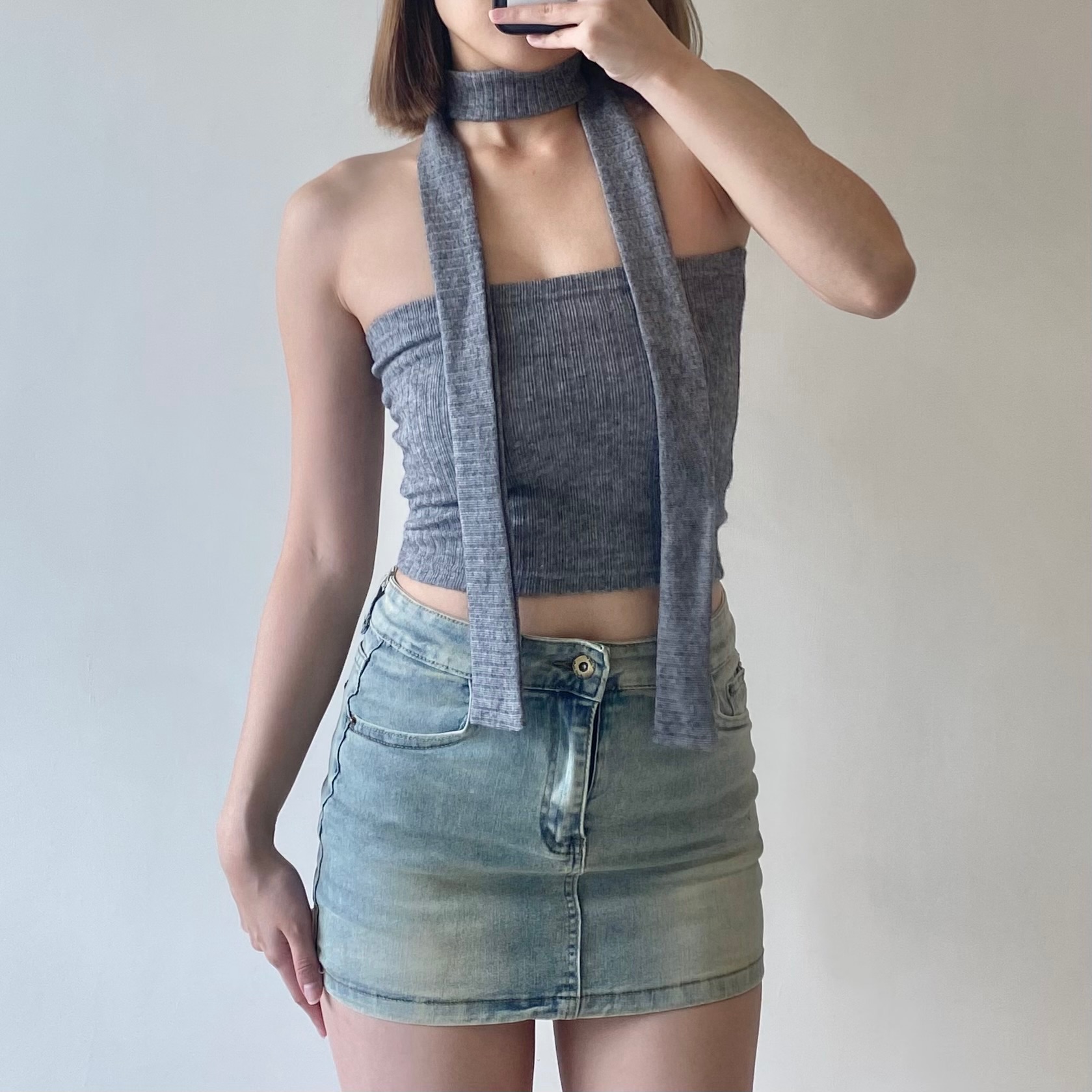 甜美升級 坑條繞脖平口背心（附圍巾）*4色