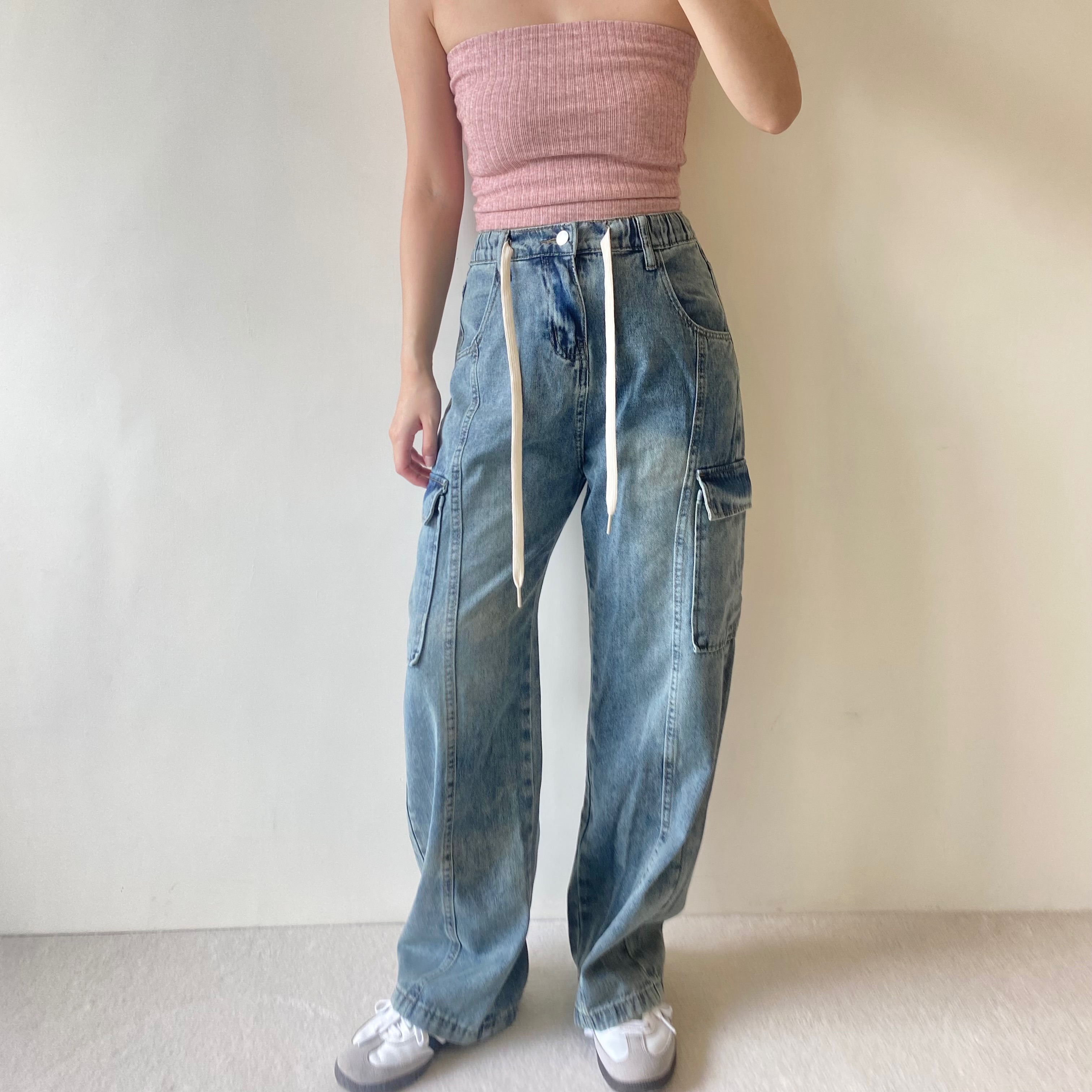 個性女孩 復古工裝抽繩彈力口袋牛仔褲