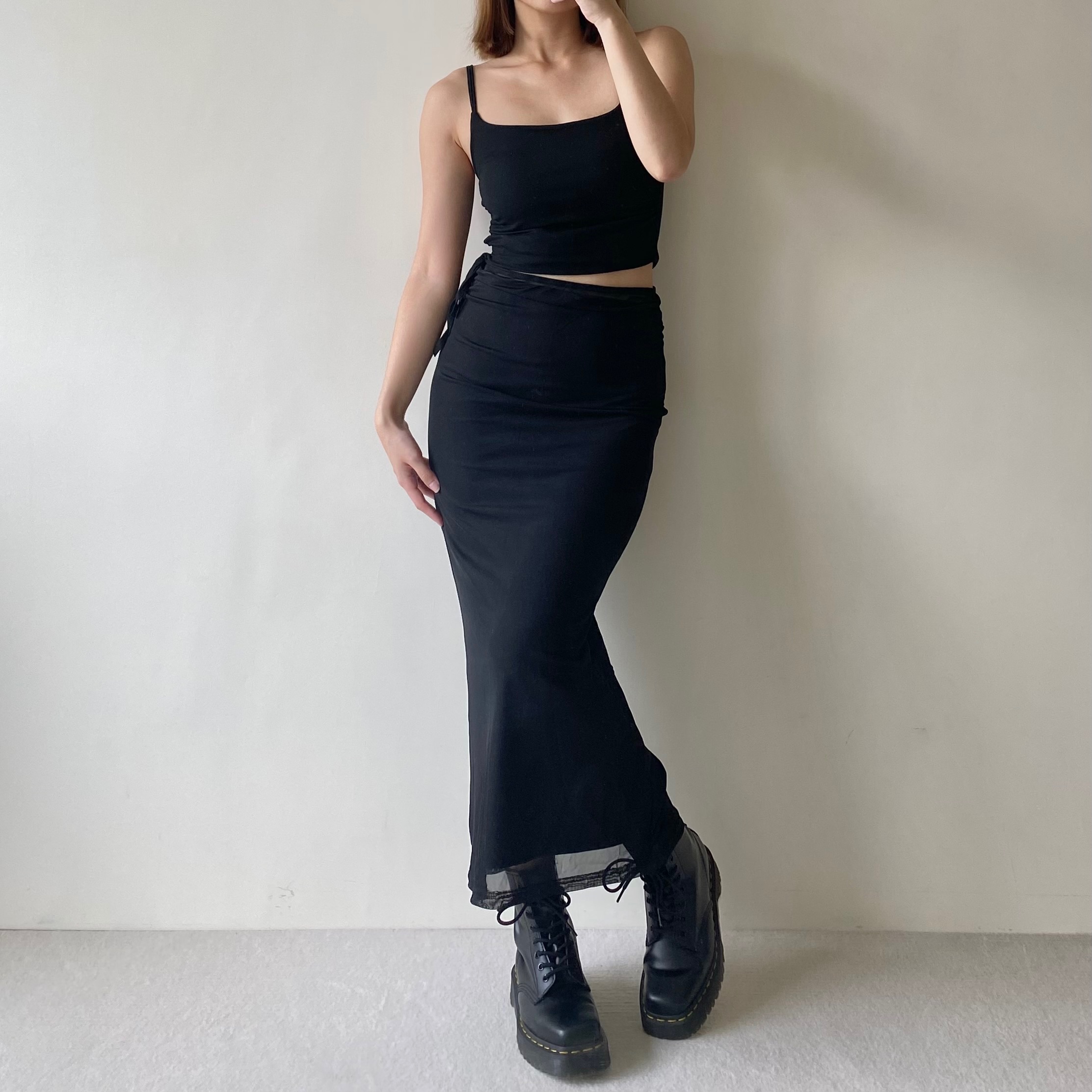 歐美性格雙層假兩件網紗拼接包臀長裙黑色