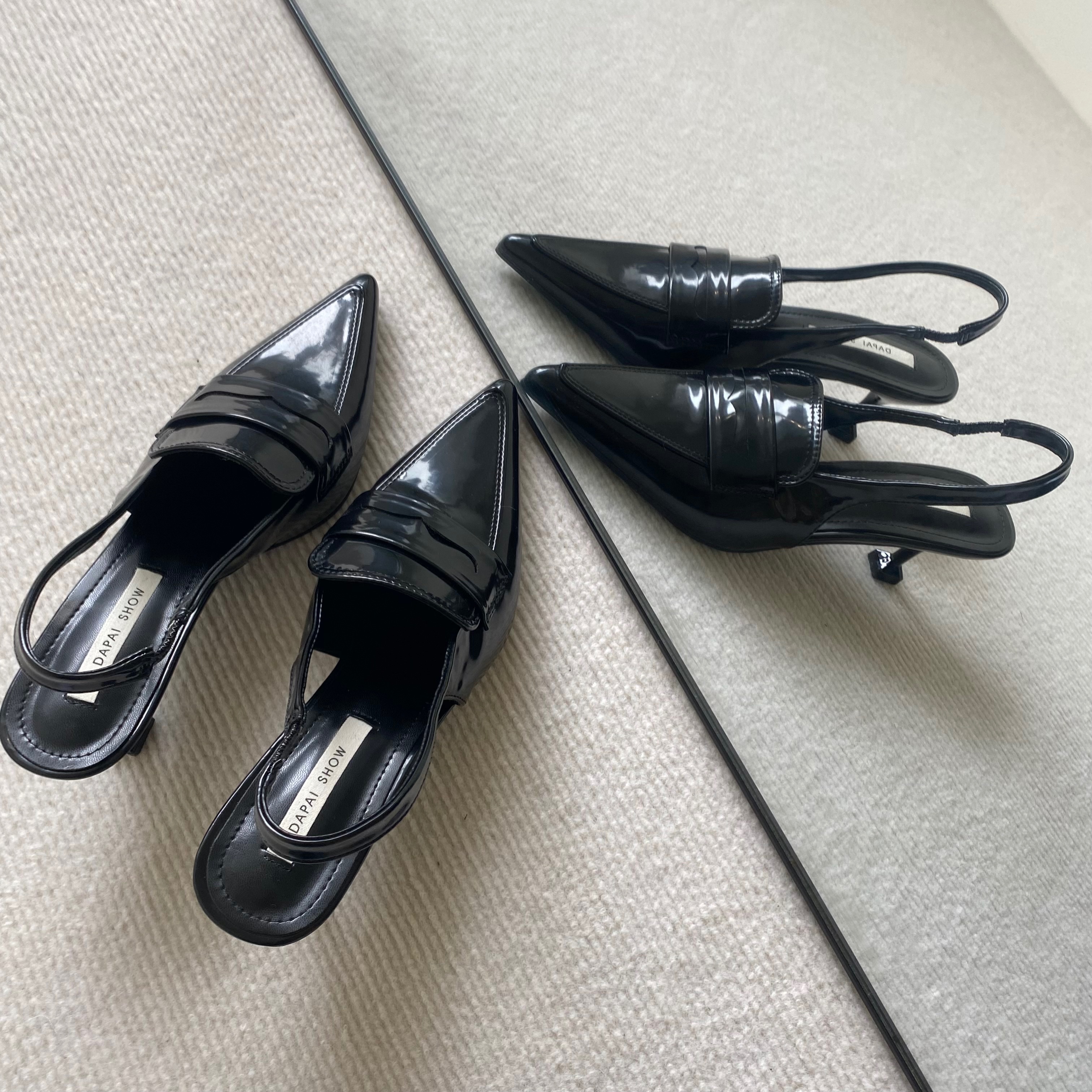 法式經典復古🖤尖頭細根涼鞋根鞋黑色