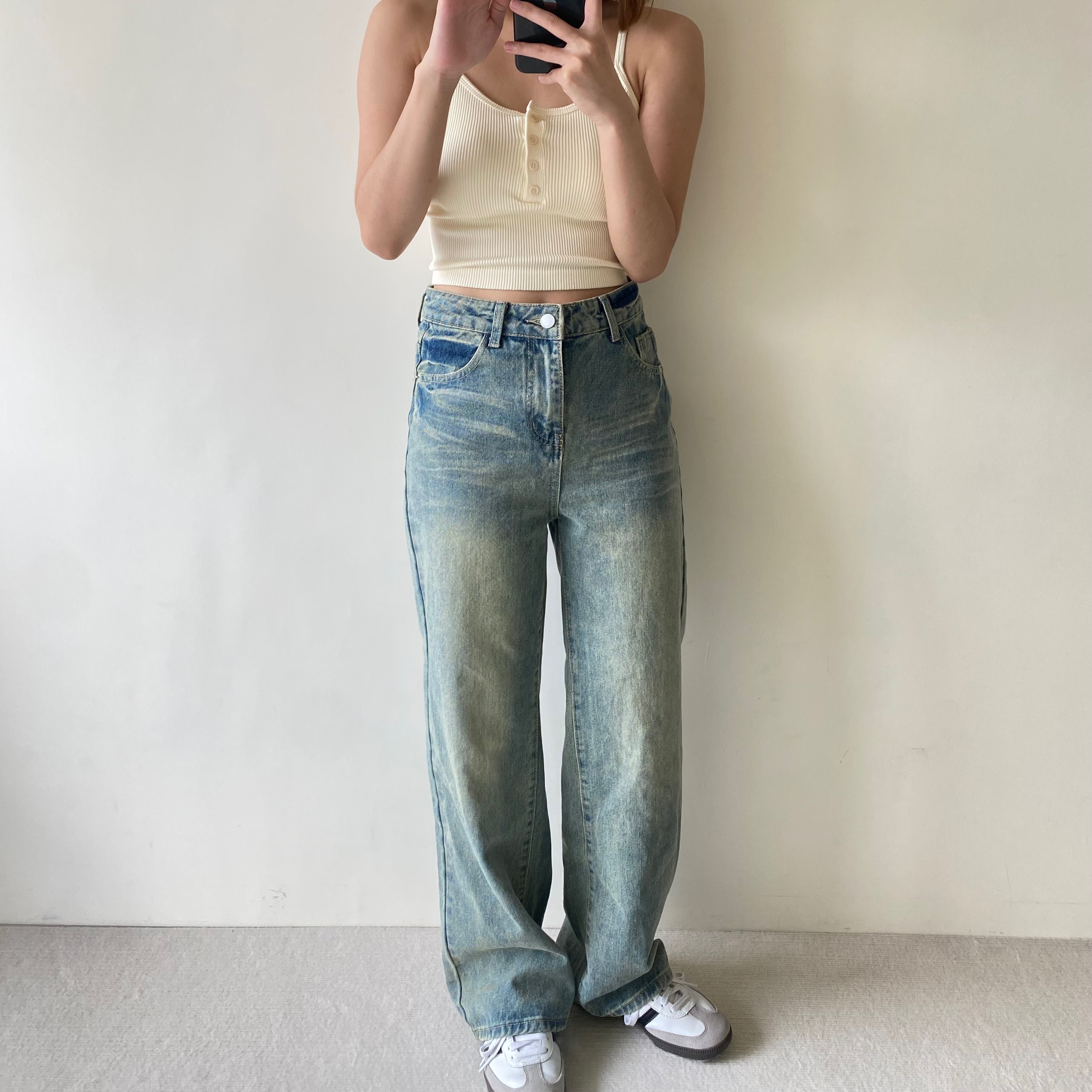 修身梨形密碼 藍綠色率性寬牛仔褲