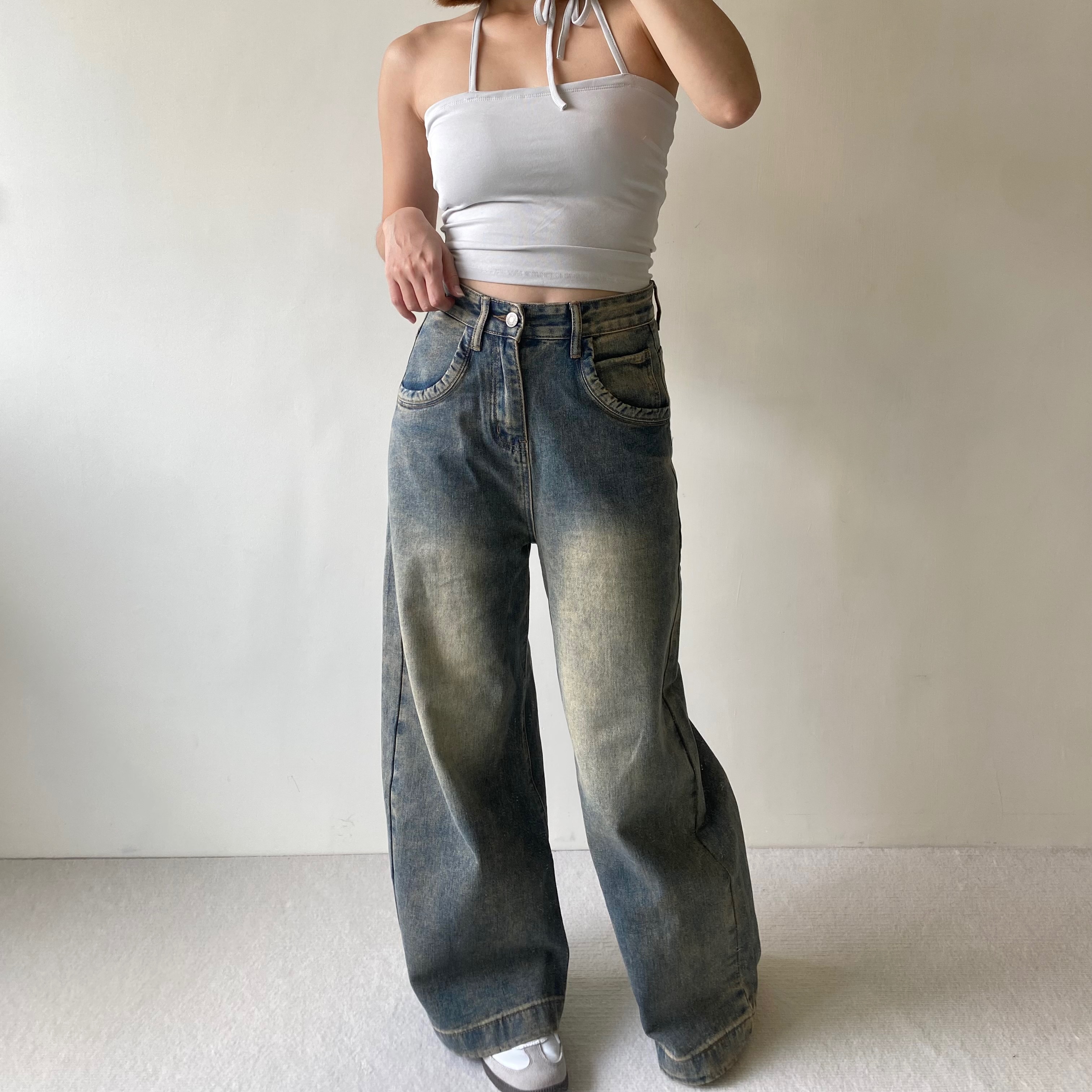 完美刷色 復古高腰顯瘦直筒闊腿牛仔褲 寬褲