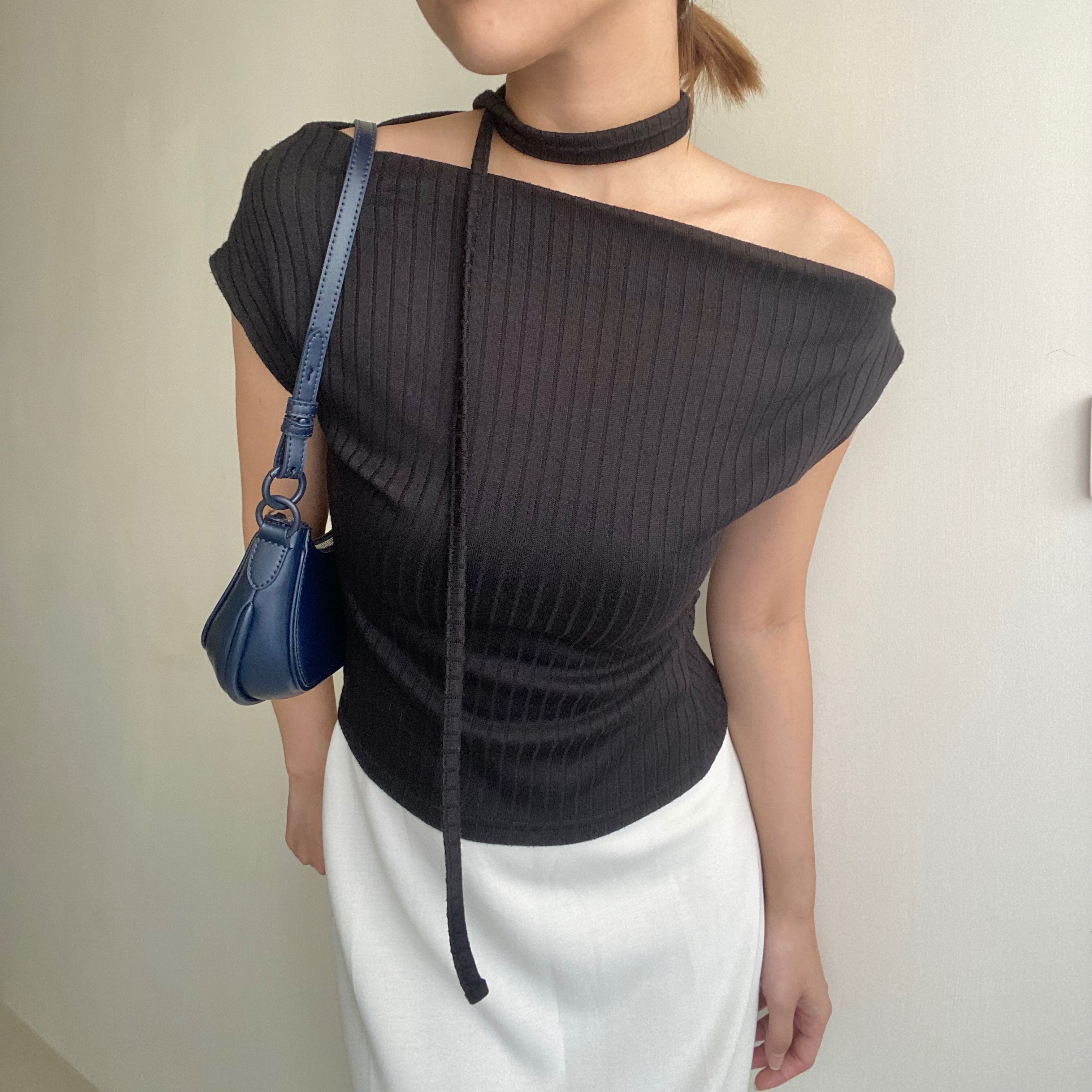 斜領露肩坑條一字領側腰抓皺背心 S/M *3色