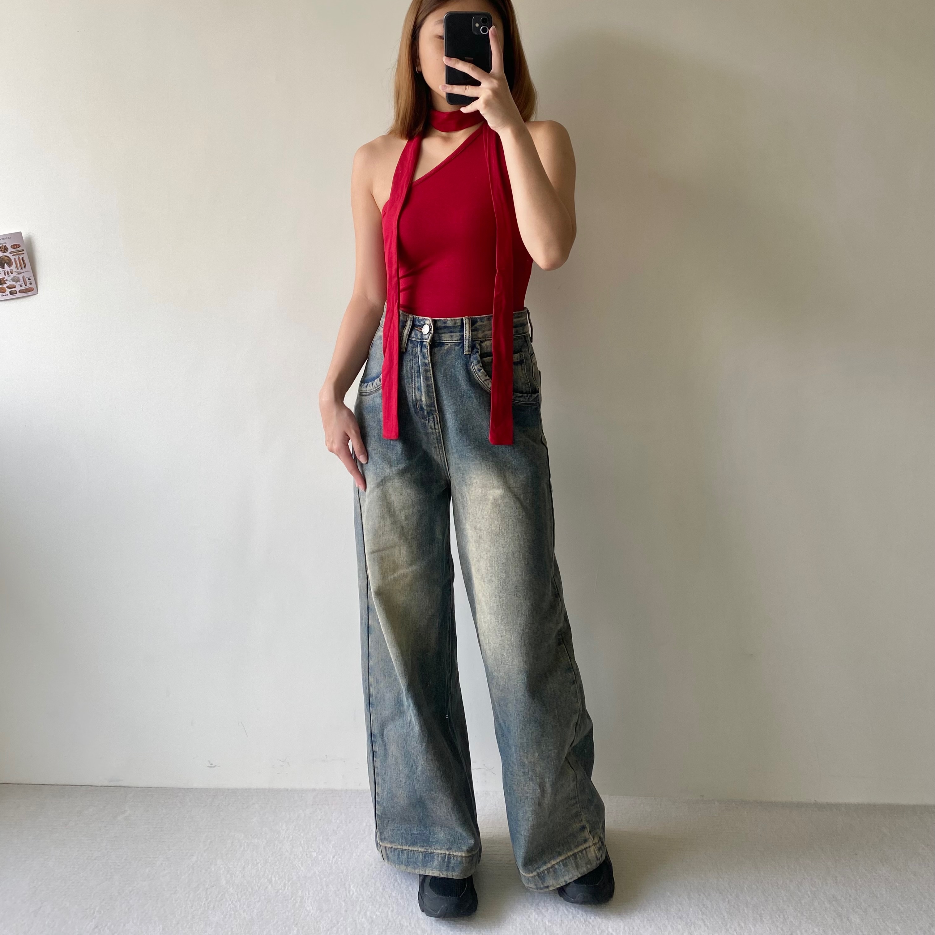 斜坡肩頸繞單肩背心 設計感不對稱彈力單肩背心