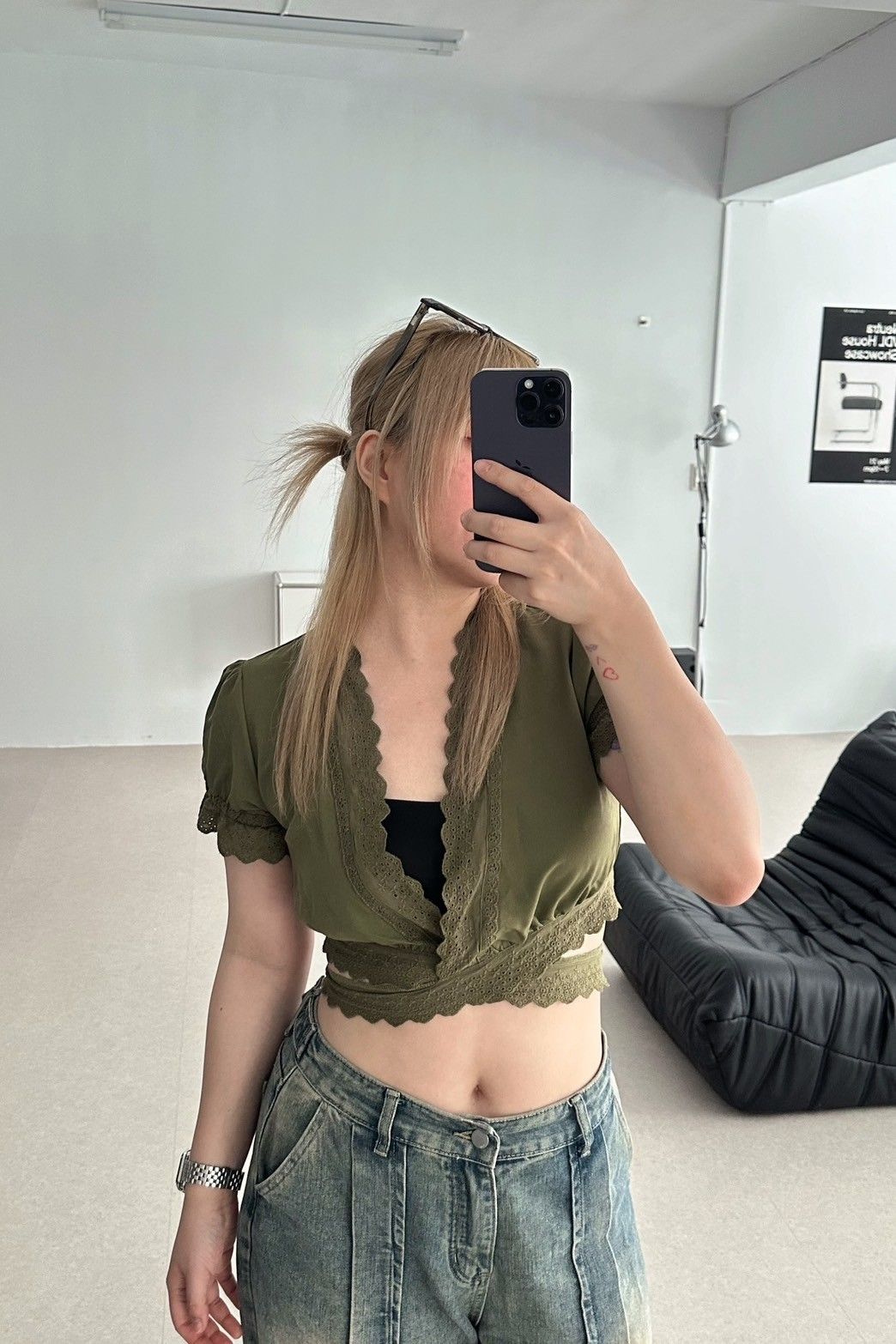 𝑶𝑱𝑰𝑮（森系復古少女）綁帶蕾絲拼接開衫上衣 韓系 蕾絲 外罩 綁帶