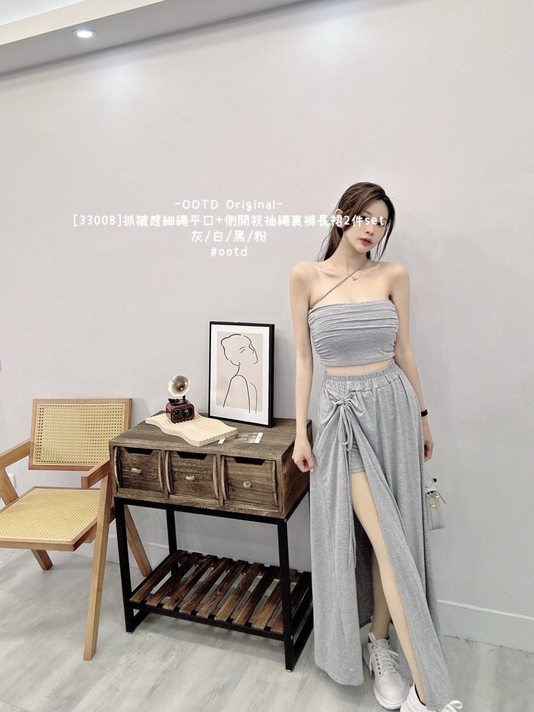 💕現貨/當日出貨💕OOTD 獨家款 [33008]抓皺感細繩平口+側開衩抽繩裏褲長裙2件 套裝