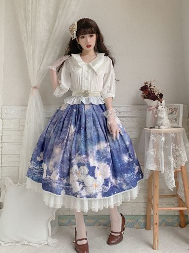 眠於花夢中-藍色含下擺紗+腰帶+繡球髮飾+蝴蝶結髮飾*2-XL碼