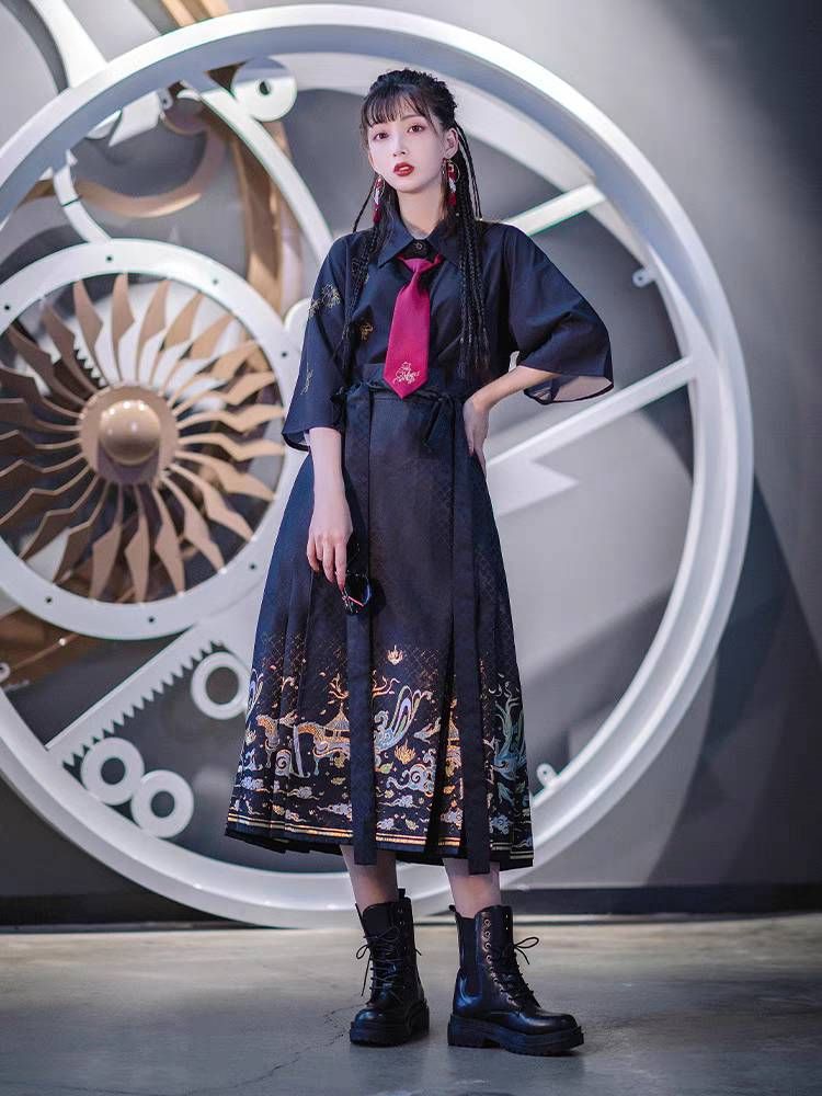 池夏山海：歸墟 漢元素八分馬面裙-黑色款-L碼