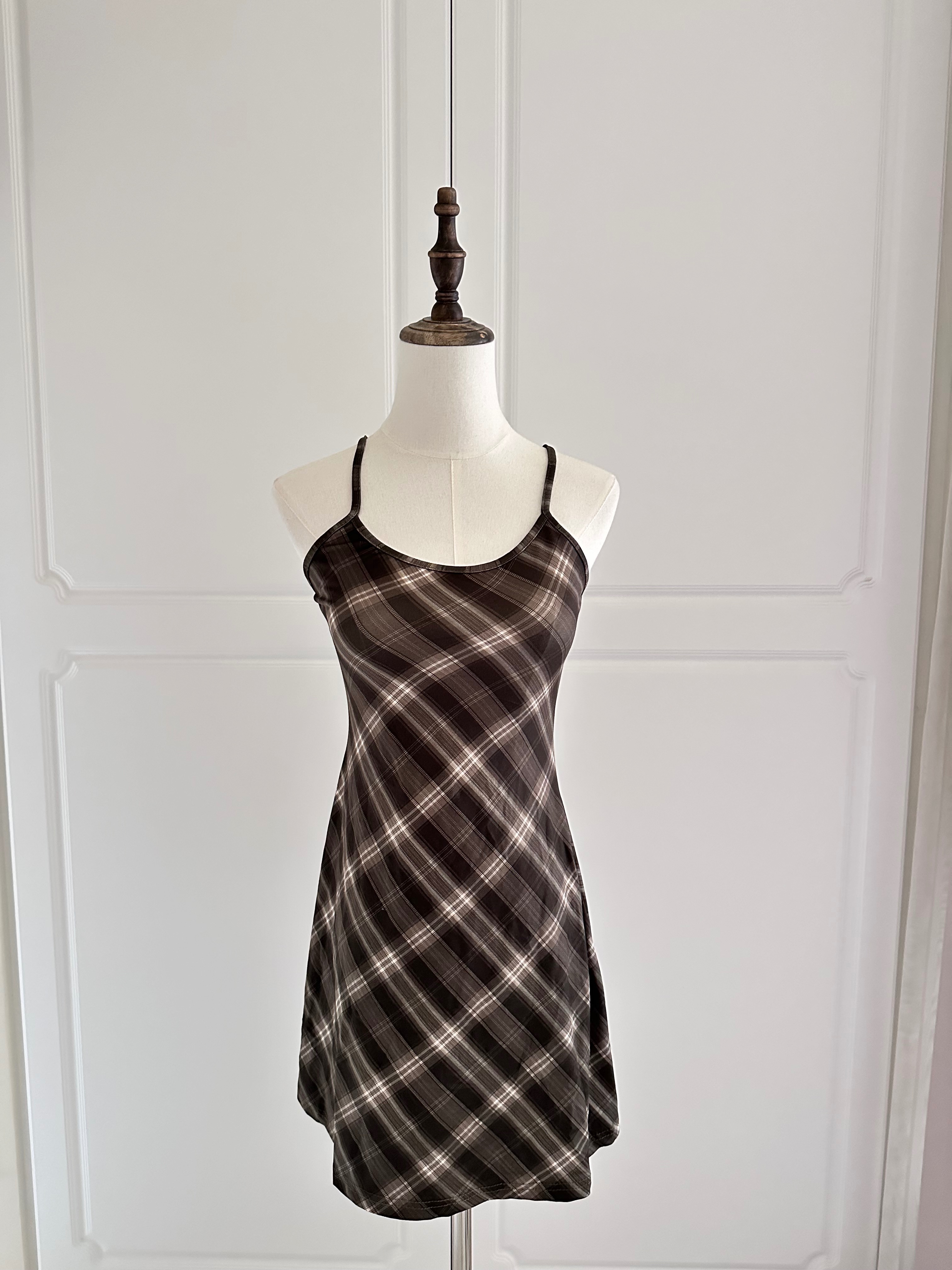 復古學院風 格紋連身吊帶小洋裝