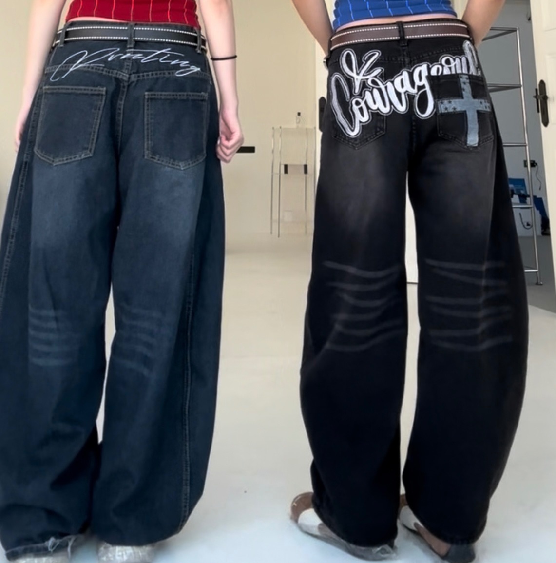 #B0017 | 街頭辣妹必收的美式彎刀褲！🖤「CrossOver」| 街頭態度十足・信仰刷破寬褲