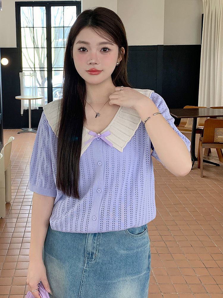 夏款設計感娃娃領女針織上衣清新甜美顯瘦，全店2件免運！訂單出貨日為9~12天