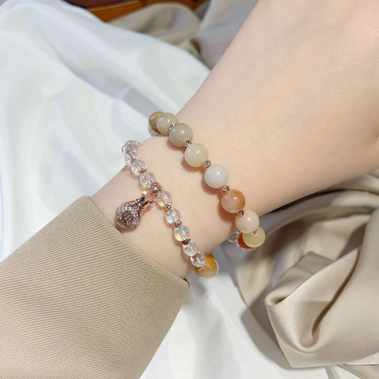 氣質天然金絲玉錢袋雙層手鏈 水晶串珠彈力手串SL1032