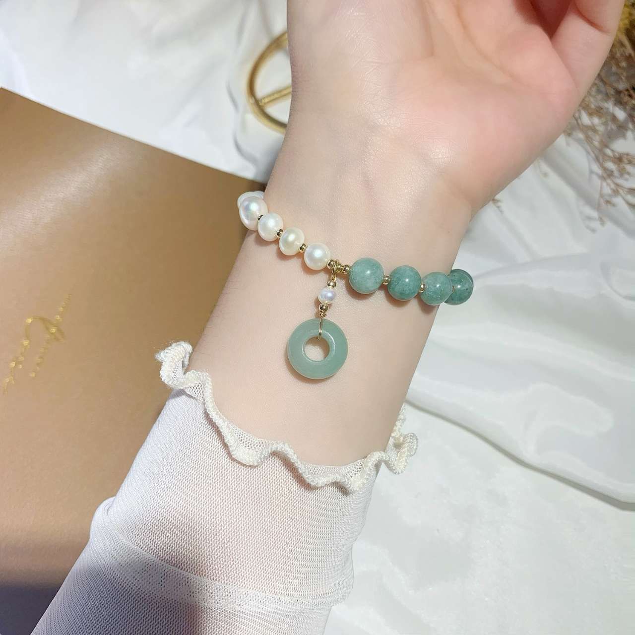 和田玉珍珠沙金 平安手串SL1043