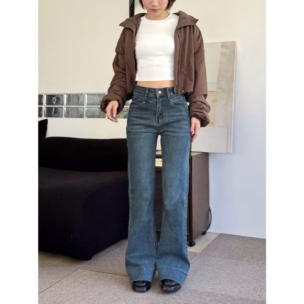 Velpro 現貨｜高個必入⚡️韓國復古微喇叭牛仔褲 彈力顯瘦直筒馬蹄長褲 落地拖地褲