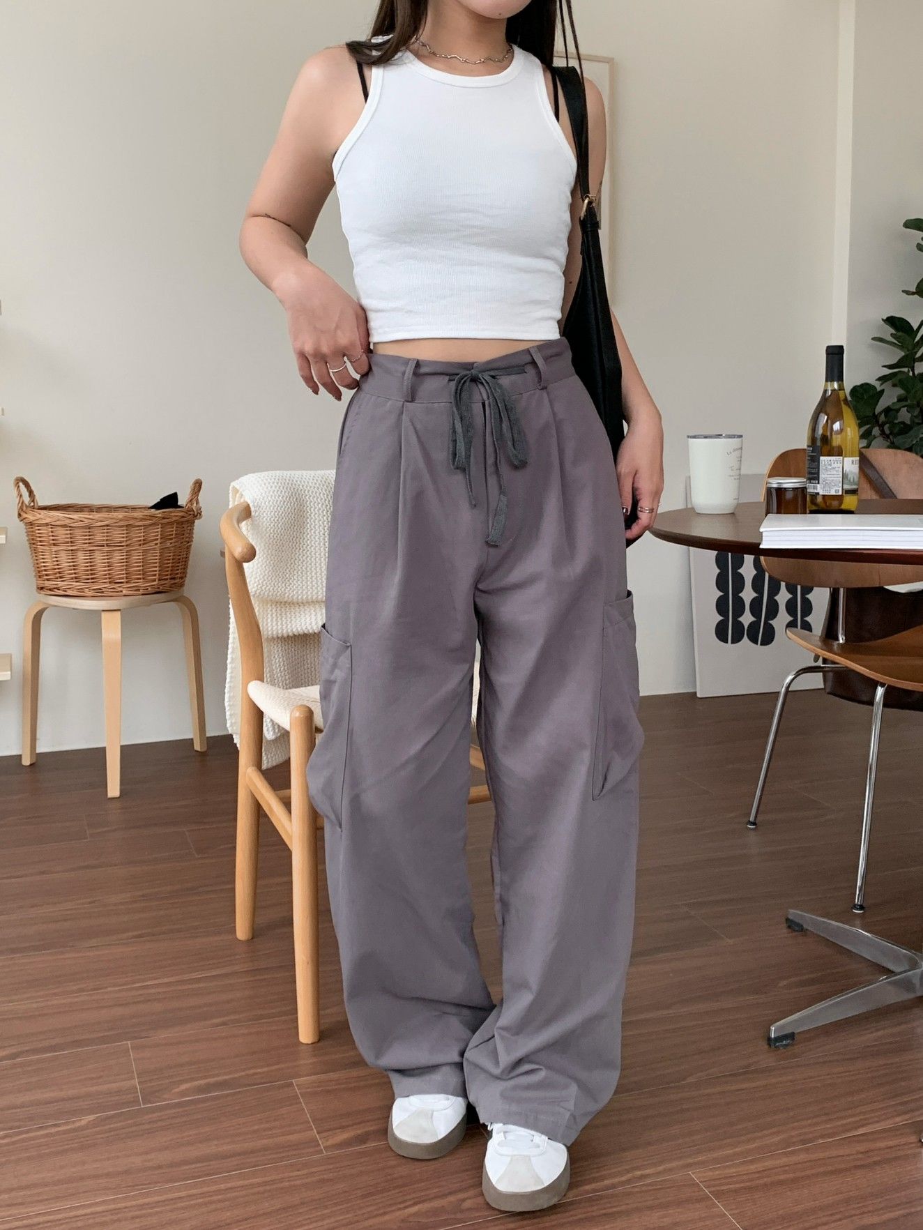 Velpro 現貨｜韓系高腰抽繩工裝褲🩶薄款寬鬆闊腿 顯瘦落地長褲 韓版穿搭必備