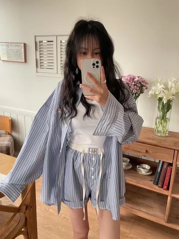 colette.yu♡ 預購｜韓系條紋標籤造型襯衫+短褲套裝