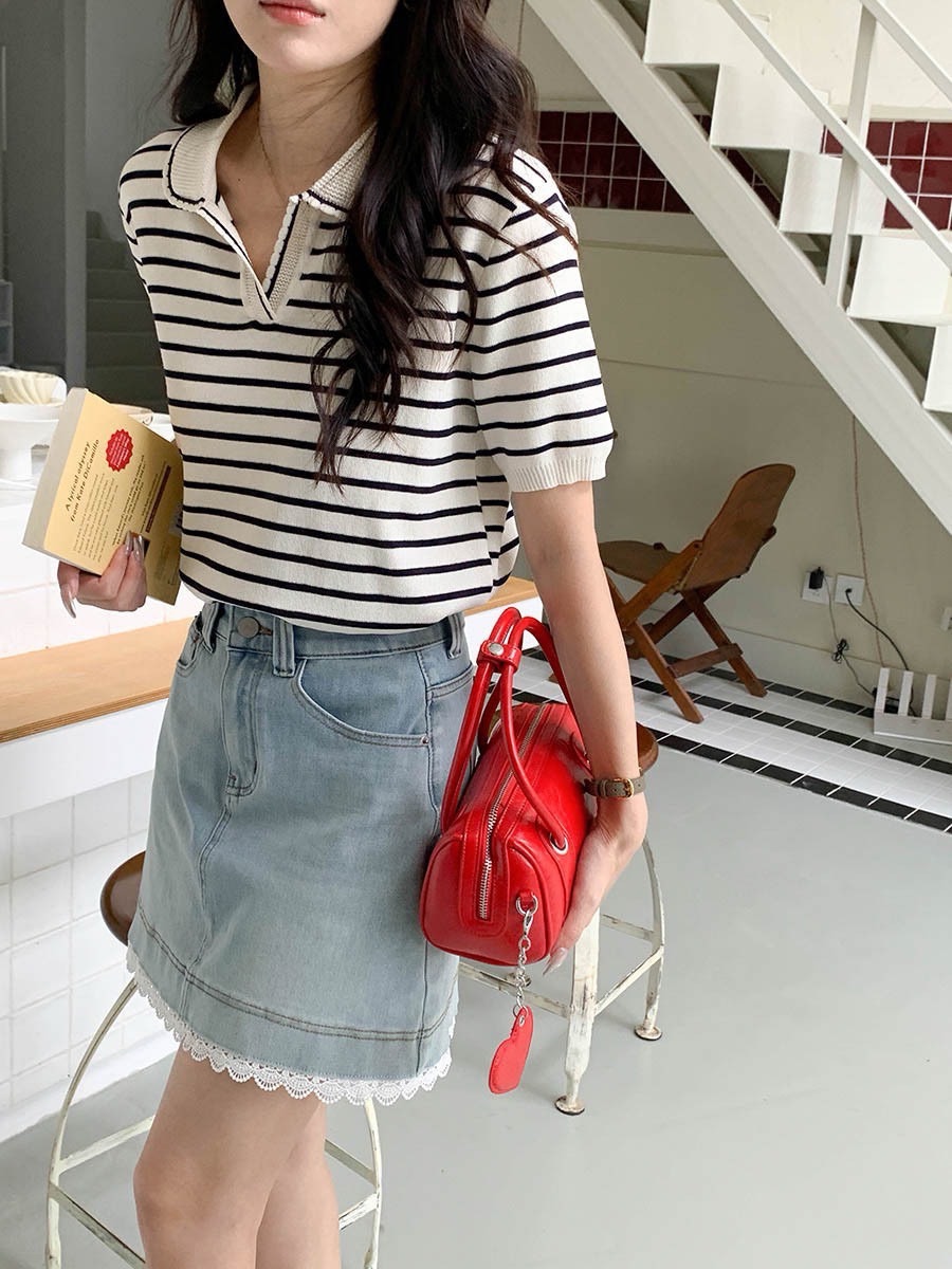 colette.yu♡ 預購｜韓系設計感撞色條紋針織短袖