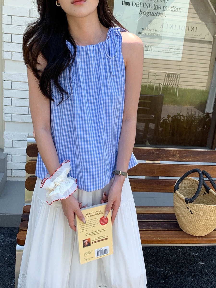colette.yu♡ 預購｜韓系夏日藍色格紋綁帶背心