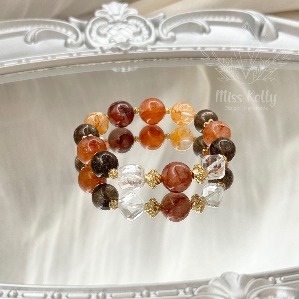 【Miss Kelly 凱莉小姐水晶手作設計】水晶手串/天然水晶/紅膠花/茶阿塞/白水晶對角鑽切/水晶手鏈