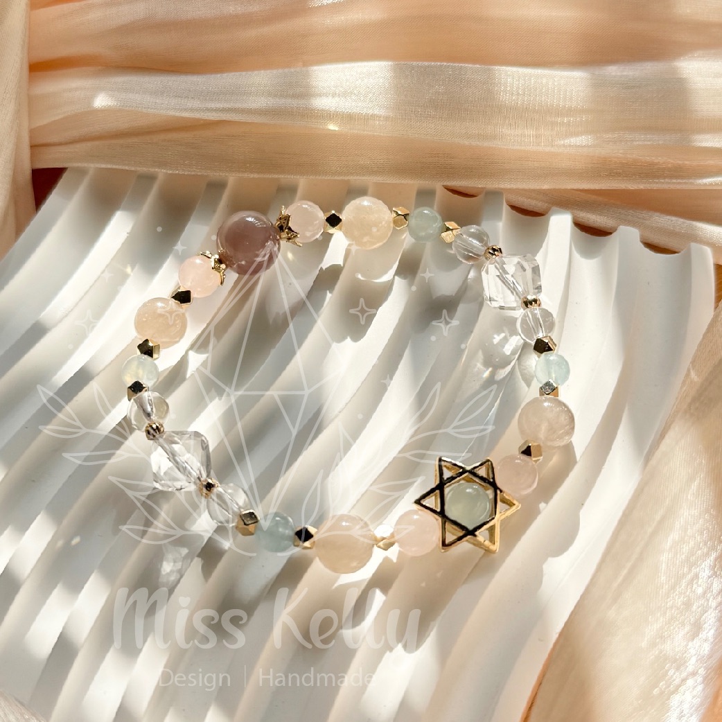 【Miss Kelly 凱莉小姐水晶手作設計】粉嫩六角星/海藍寶/西柚粉/灰兔毛/摩根石/紫兔毛/白水晶