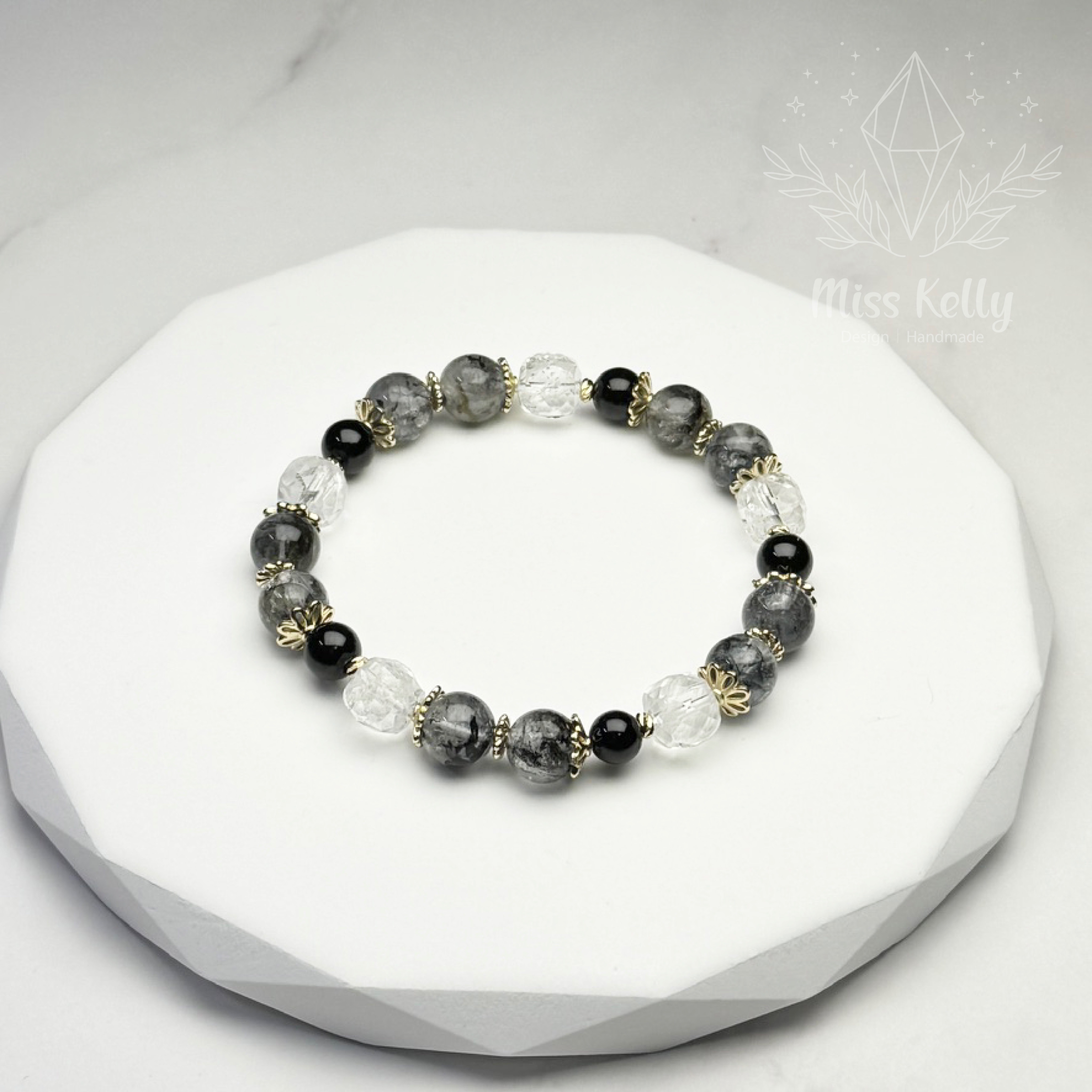 【Miss Kelly 凱莉小姐水晶手作設計】農曆七月必備/水晶手串/黑碧璽/閃靈鑽/白阿塞鑽切