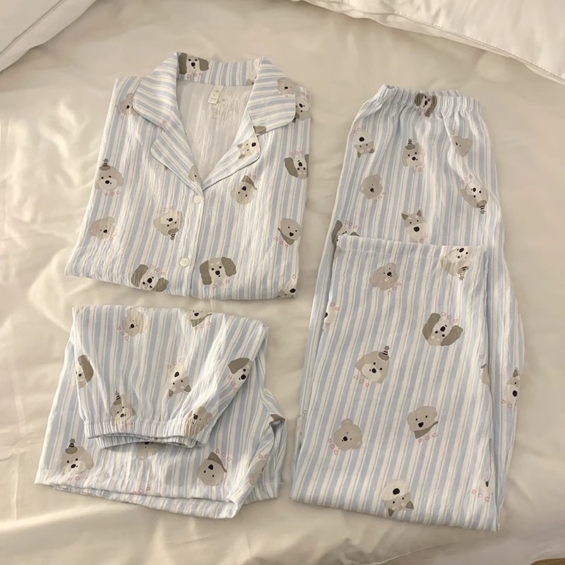 日系條紋小狗純棉睡衣三件套