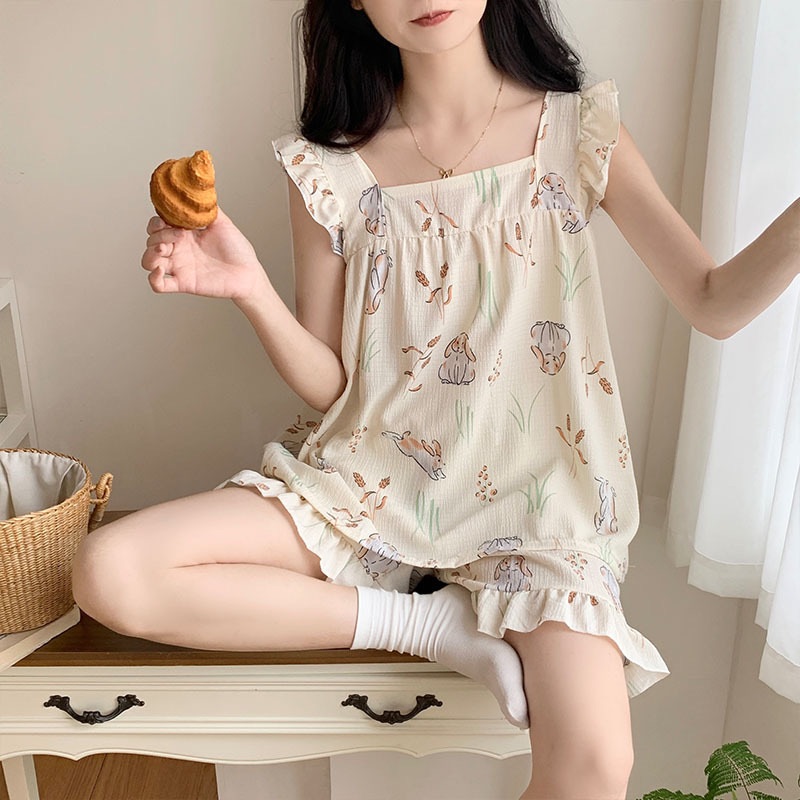 可愛卡通居家小飛袖泡泡皺布睡衣套裝