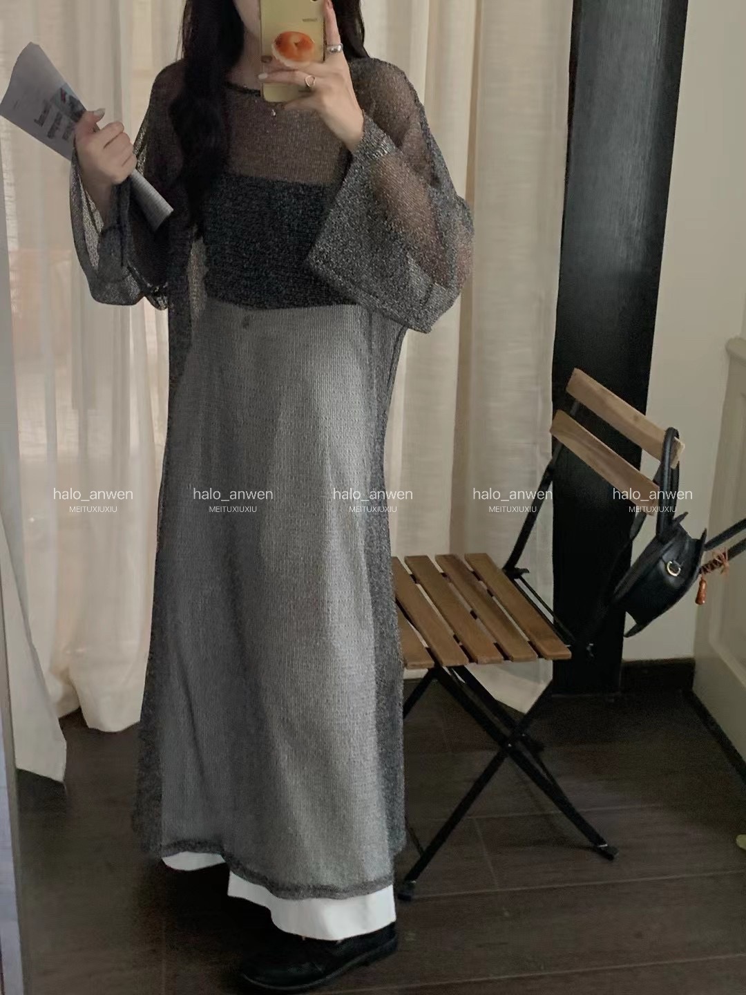 長版洞洞針織內搭外罩衫