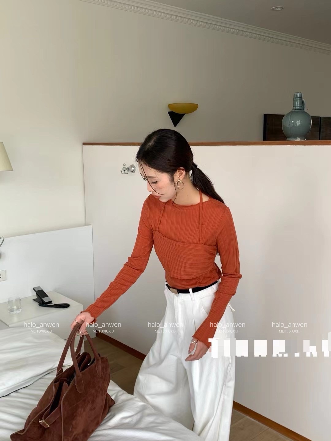 條理紋路透膚掛脖假兩件