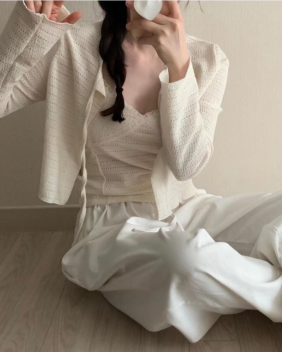 韓系薄款洞洞針織吊帶兩件套