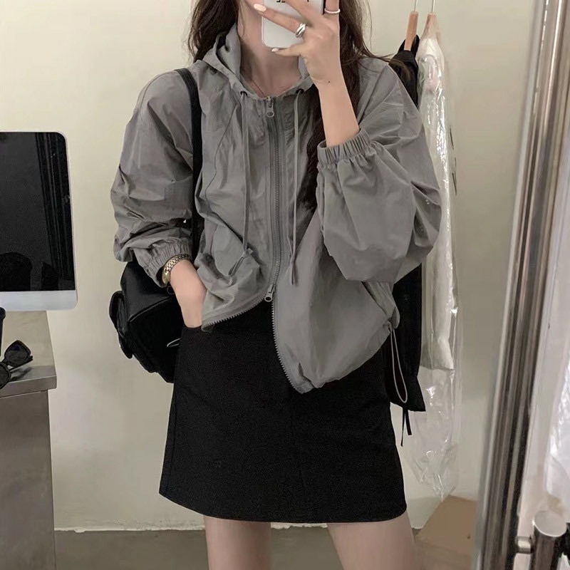 韓系連帽防曬薄短款雙拉鍊外套