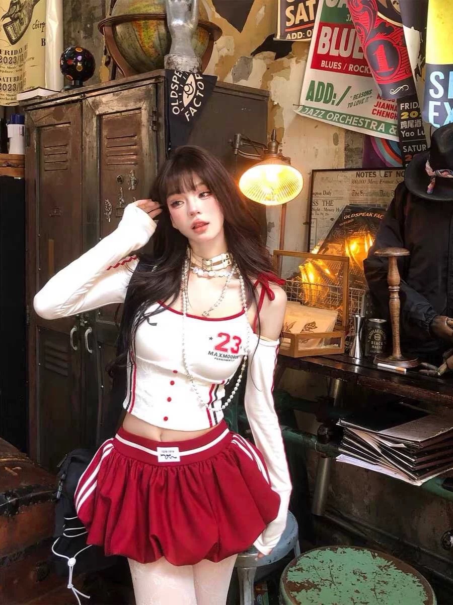 美式校園甜辣露肩花苞裙套裝