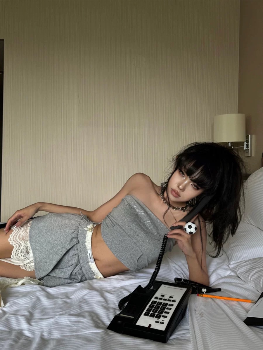 美式街頭辣妹抹胸蕾絲抽繩半身裙套裝