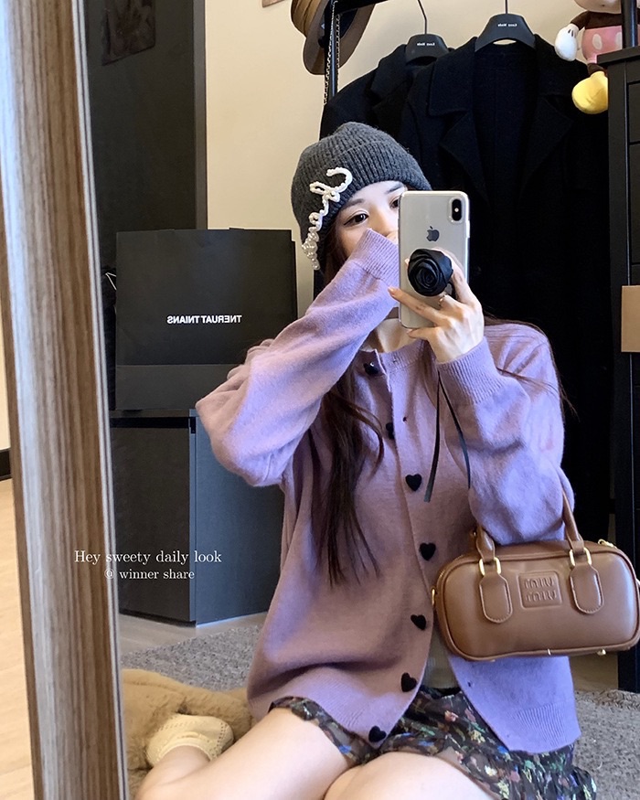 撞色愛心鈕扣針織開衫溫柔慵懶毛衣外套