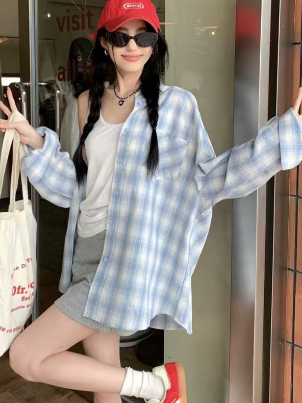 海鹽系藍色格子襯衫防曬寬鬆翻領外套