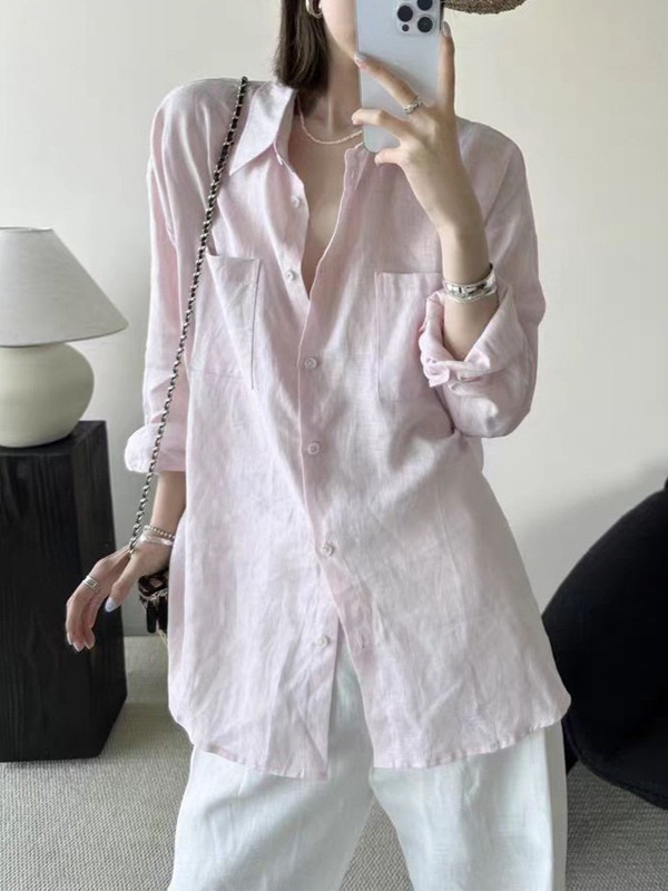 法式高級感亞麻透氣淡粉色襯衫