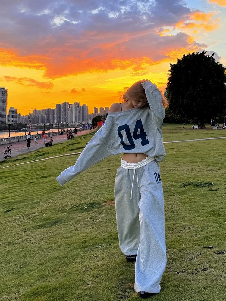 美式休閒斜肩長袖衛衣寬鬆棉褲套裝