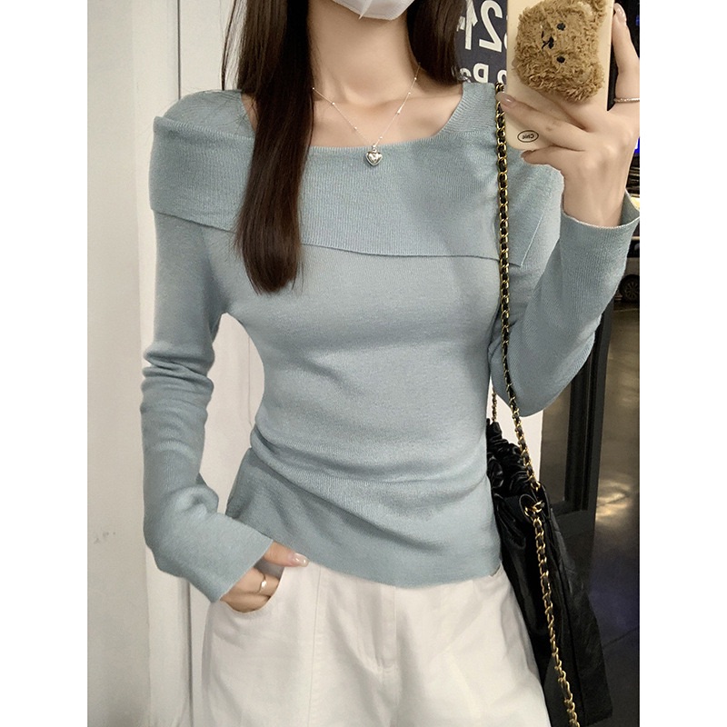 一字翻領毛衣長袖針織