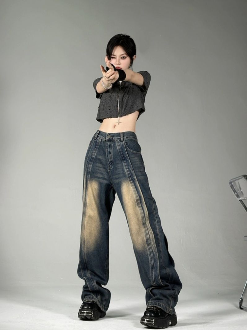 美式拼接風刷色牛仔褲