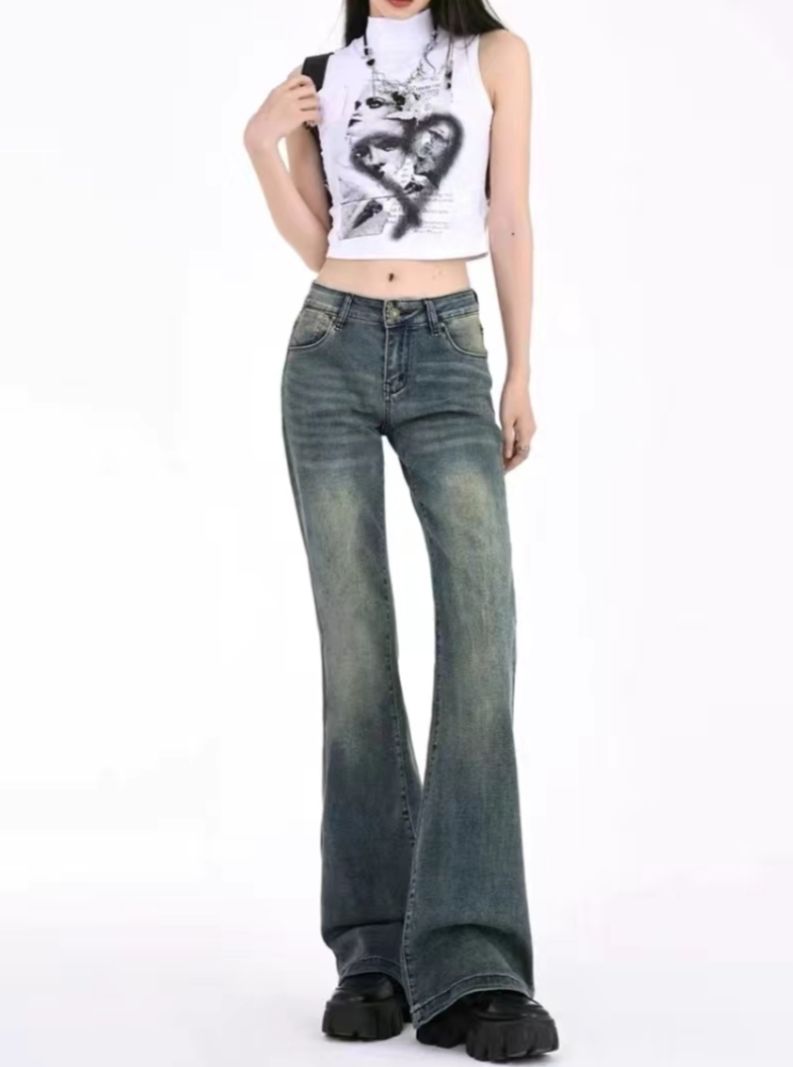 低腰刷色微喇褲